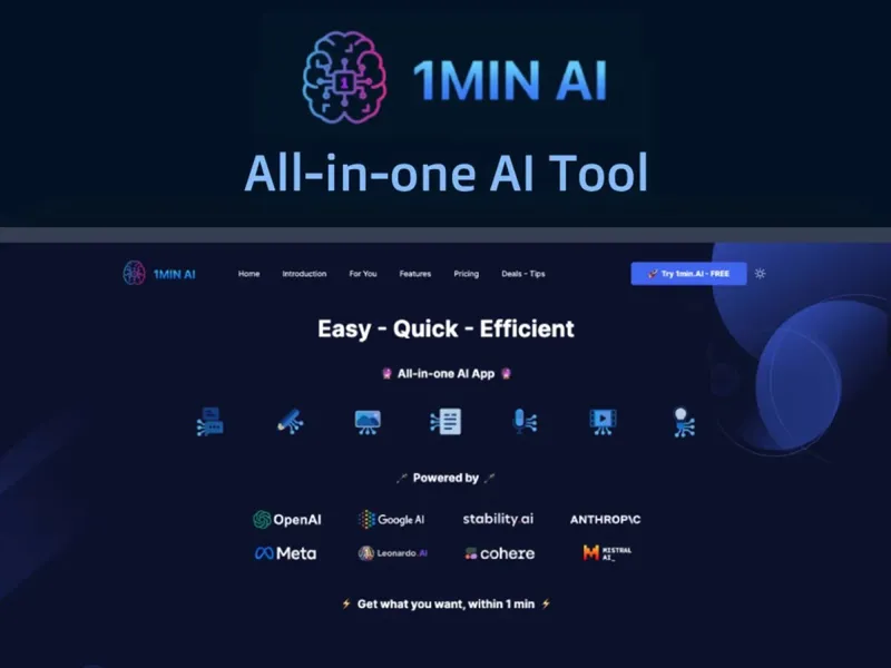 Інтерфейс платформи 1MIN AI, що демонструє об'єднання логотипів провідних мовних моделей: OpenAI, Google та Anthropic.