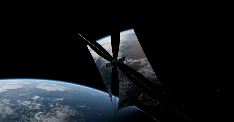 A digital rendering of the Reflect Orbital Eärendil-1 satellite carrying a large reflective solar mirror in Earth orbit.