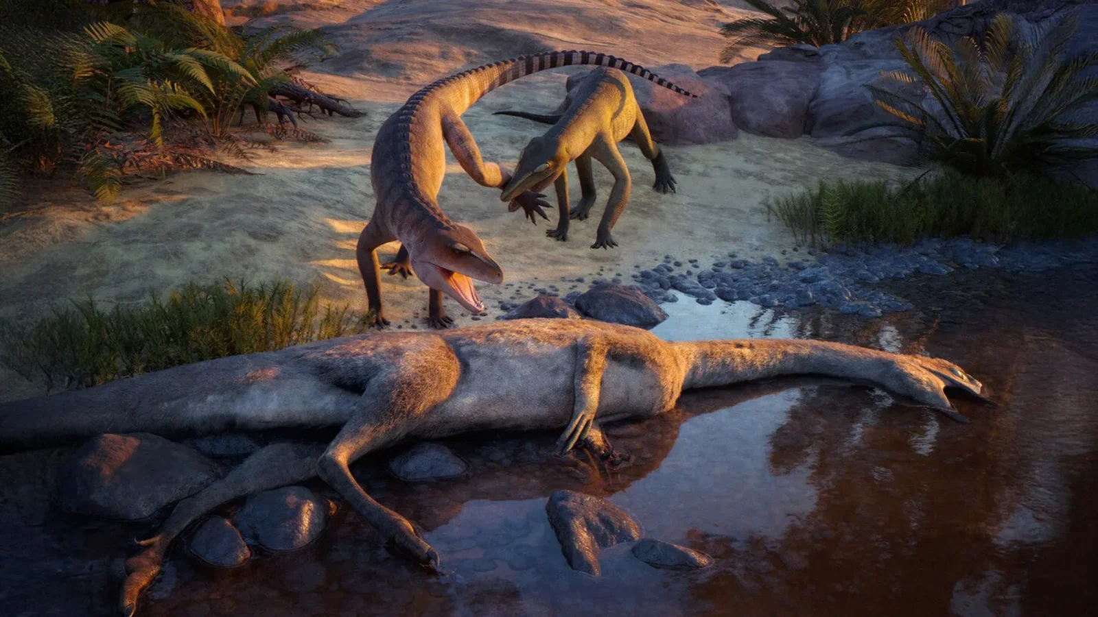 Художня реконструкція двох видів прадавніх рептилій Eosphorosuchus lacrimosa та Hesperosuchus agilis біля річки 210 мільйонів років тому