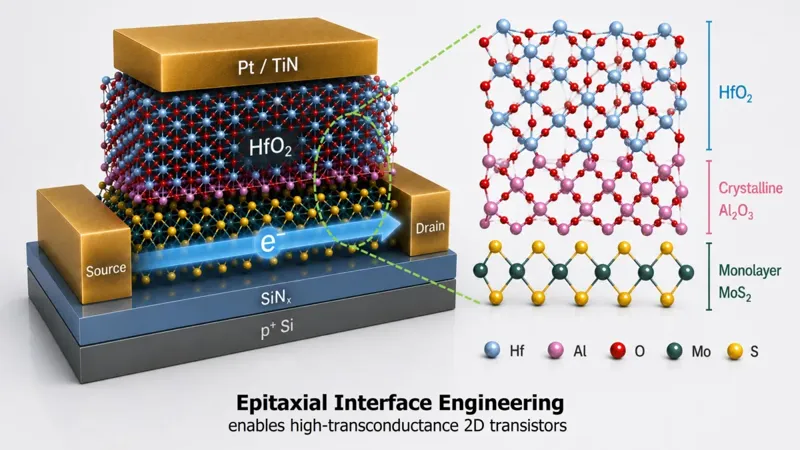 Diagram showing an engineered 0.42-nanometer atomic interface between a 2D molybdenum disulfide semiconductor and gate dielectric layer.