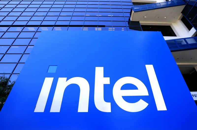 Intel corporate headquarters logo and semiconductor manufacturing facility exterior