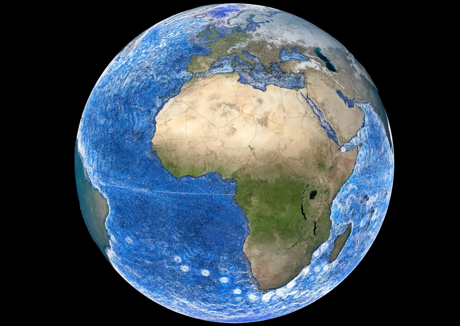 Scientific diagram showing the Agulhas Leakage current flowing from the Indian Ocean around Southern Africa into the South Atlantic Ocean.