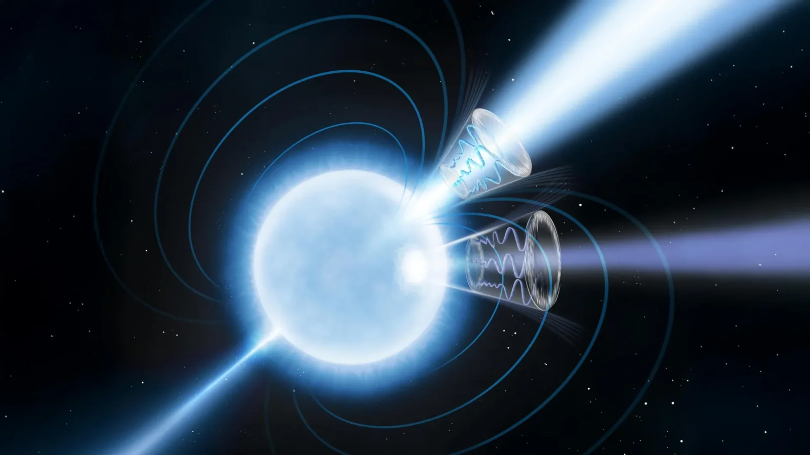 Artist rendering of magnetar 1E 1547.0-5408 showing magnetic field lines and polarized X-ray emission.