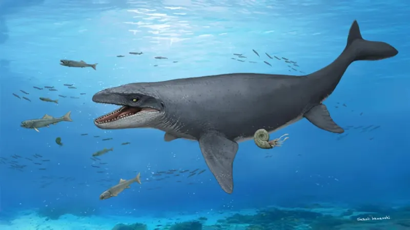Life reconstruction of a giant mosasaur swimming in Cretaceous ocean waters