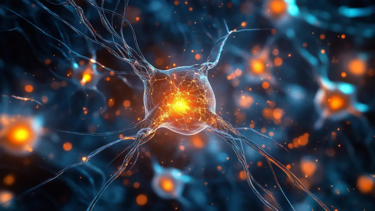 Visualization of a glowing human neuron branching through brain tissue with computational energy sparks