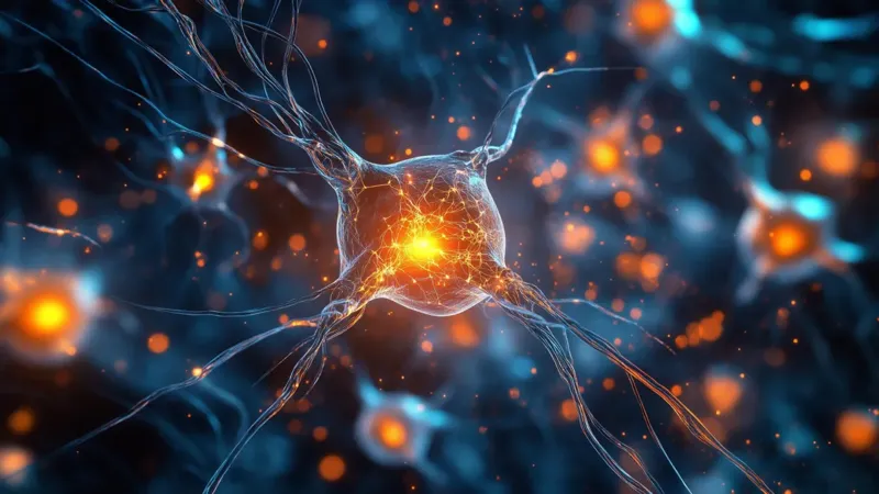 Visualization of a glowing human neuron branching through brain tissue with computational energy sparks