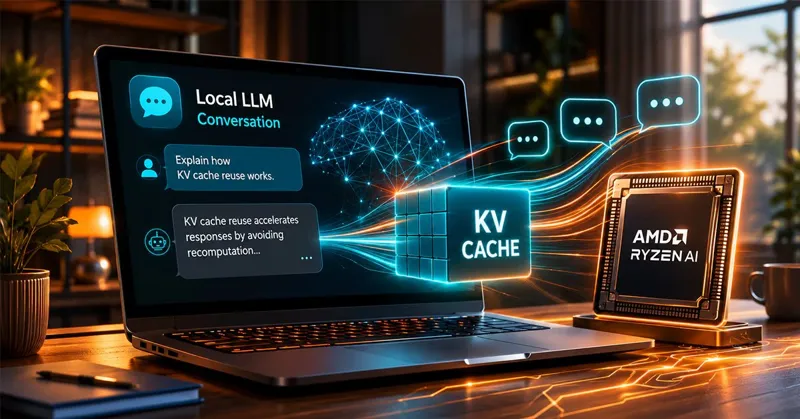 Ноутбук із візуалізацією локальної LLM розмови та мережею даних біля чипа AMD Ryzen AI і блоку KV Cache на робочому столі.