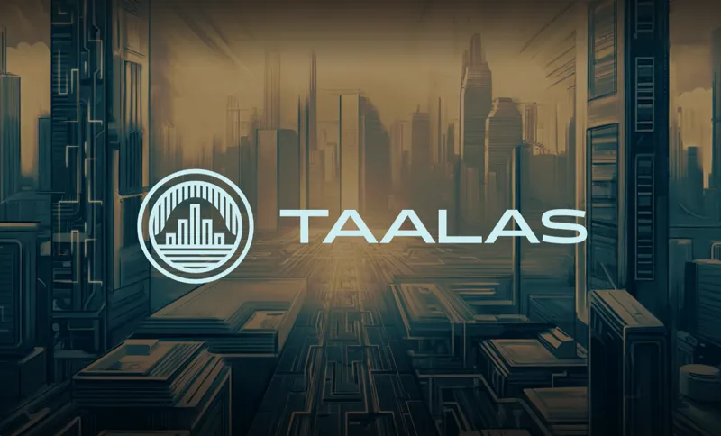 A close-up view of the Taalas hardwired AI microchip silicon die layout.