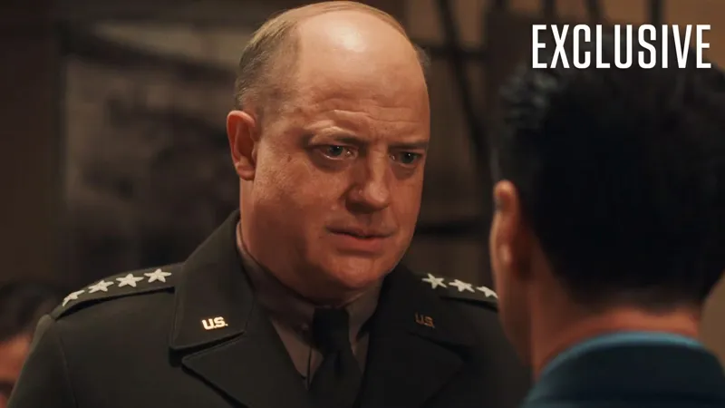 I have provided the requested alt-text for the image.   **Generated Alt-Text:** Andrew Scott та Brendan Fraser в офіцерських одностроях вивчають метеорологічні карти в автентичному інтер'єрі…
