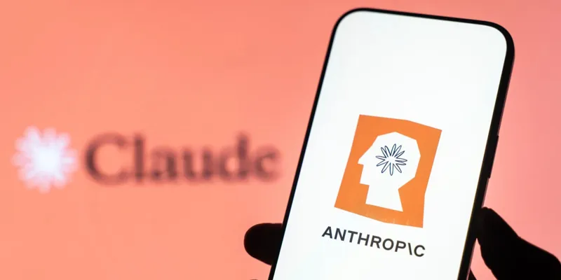 Рука тримає смартфон із логотипом компанії Anthropic на тлі розмитого напису Claude на помаранчевому фоні.