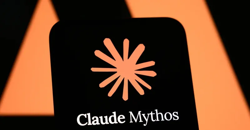 Помаранчевий стилізований гліф-зірка "Claude Mythos" розміщений на чорному екрані перед абстрактними теплими геометричними формами.