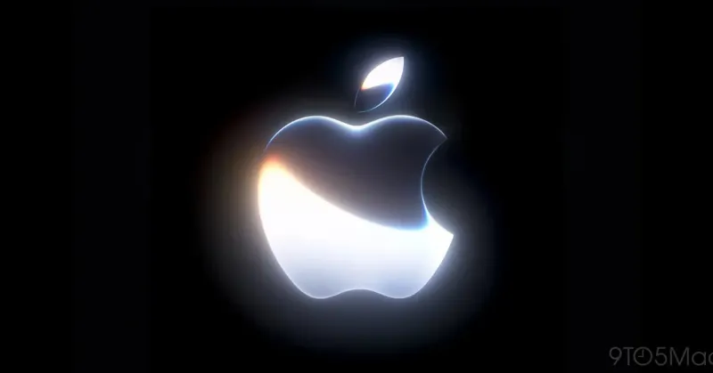 Світячий білий логотип компанії Apple у формі відкушеного яблука з ефектом об'ємного сяйва на темному фоні.