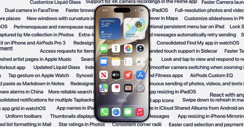 Смартфон iPhone з відкритим головним екраном та іконками додатків на фоні великого списку технічних характеристик.