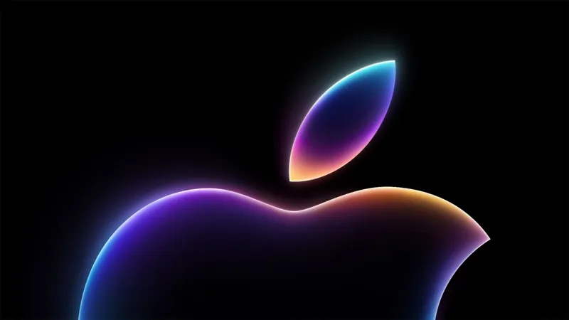 Стилізований логотип компанії Apple з неоновим світінням та градієнтом синіх, фіолетових і помаранчевих відтінків на чорному тлі.