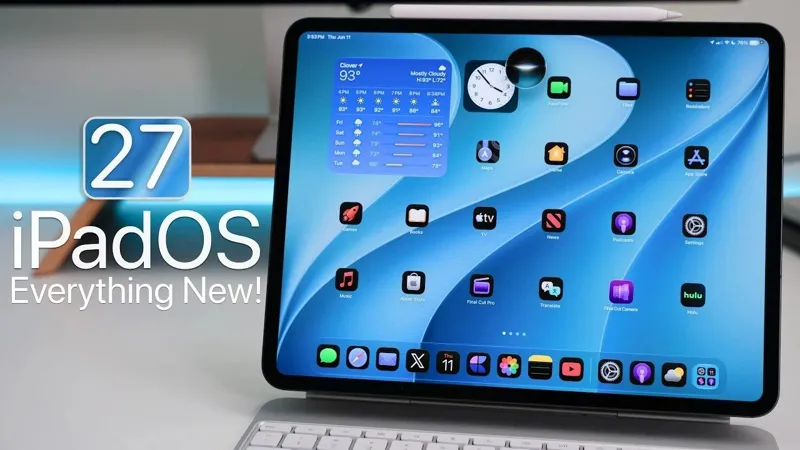 Планшет iPad із підключеною клавіатурою Magic Keyboard на робочому столі з відкритим інтерфейсом нової операційної системи.