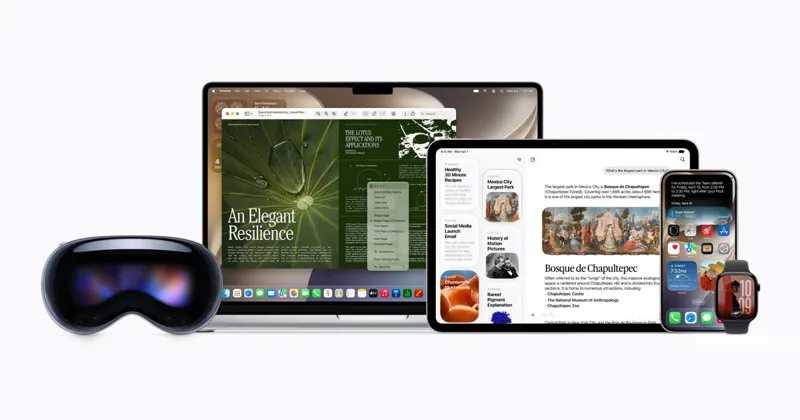 Комплекс сучасних технологій Apple: ноутбук MacBook, гарнітура Vision Pro та мобільні пристрої з цифровими інтерфейсами.