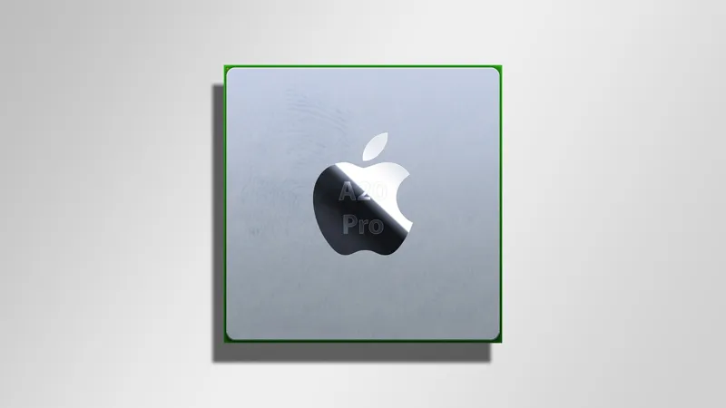 Сріблястий мікрочип у квадратному корпусі з викарбуваним логотипом Apple та написом A20 Pro на однотонному світлому фоні.