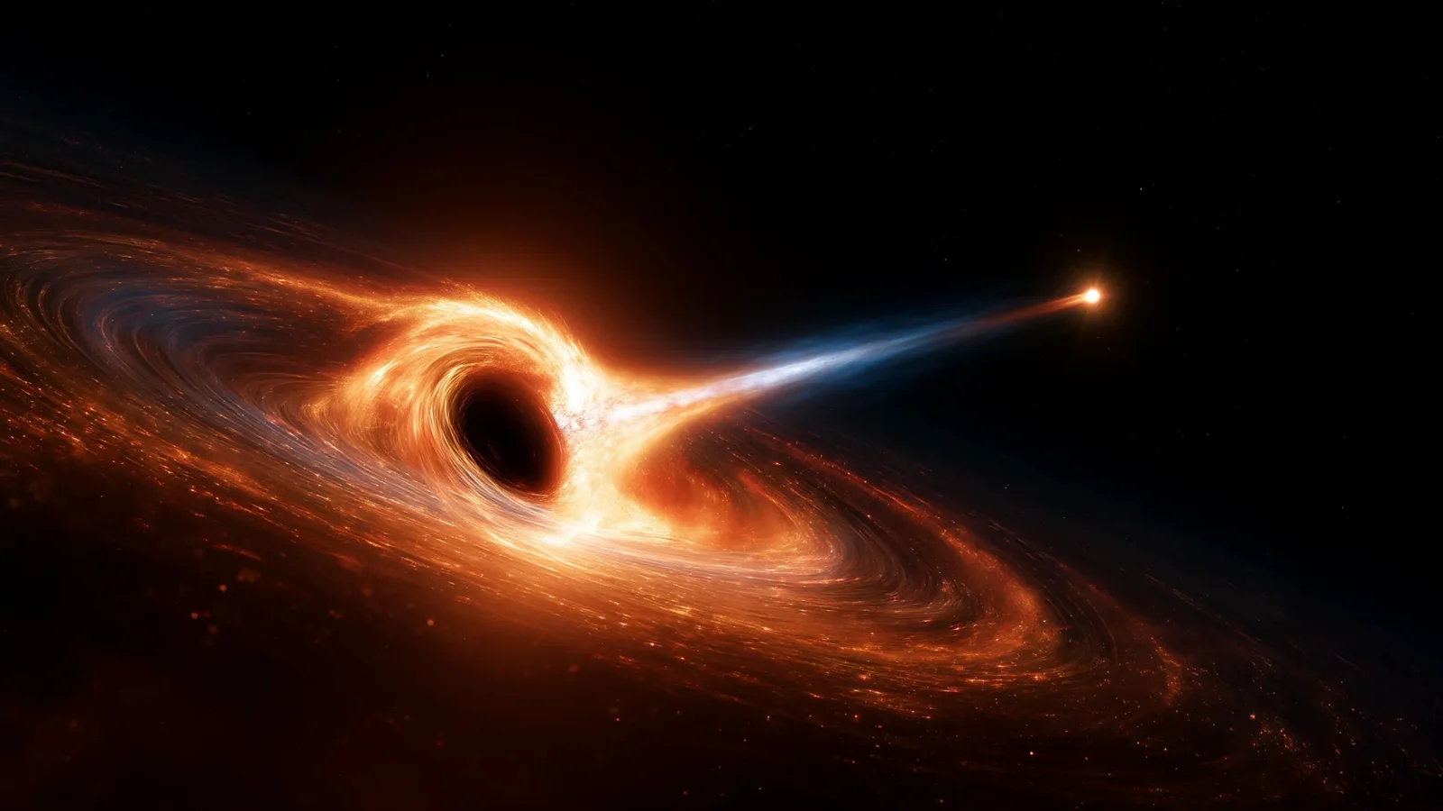Artist concept of a black hole violently shredding a massive star and launching ultra-fast gas streams into space