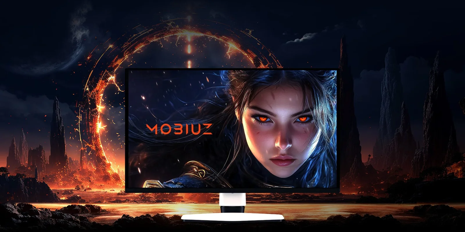 Front view of the BenQ MOBIUZ EX271QMZ QD-OLED gaming monitor on a desk setup