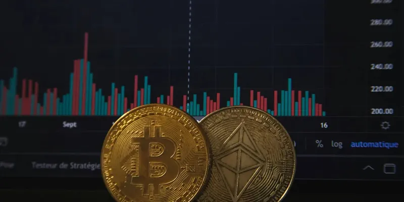 Золоті фізичні монети Bitcoin та Ethereum на передньому плані перед цифровим графіком котирувань криптовалют на екрані монітора.