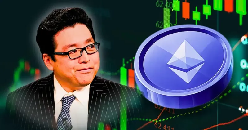 Бізнесмен у костюмі та окулярах поруч із великим синім логотипом Ethereum на тлі фінансових графіків ринку криптовалют.