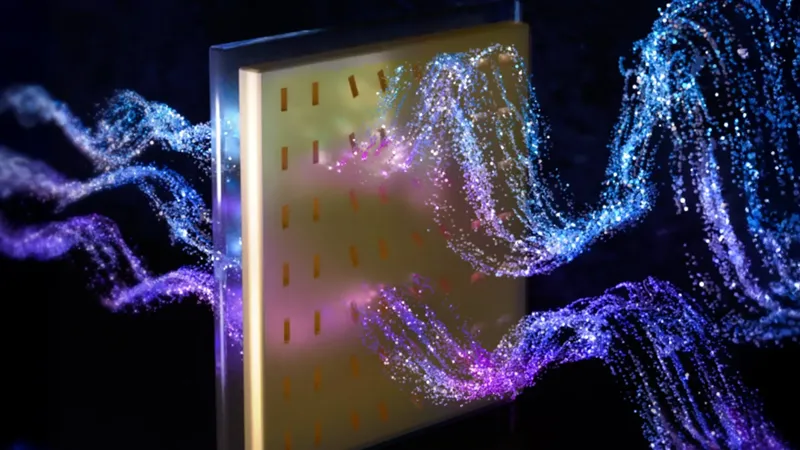 Diagram of a gold metacrystal chip etching nanoscale slits to route quantum light