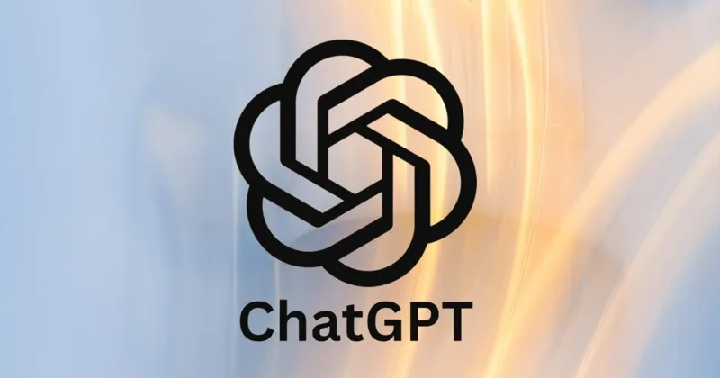 Геометричний чорний логотип ChatGPT із написом під ним на абстрактному фоні з розмитими синіми та золотистими світловими лініями.
