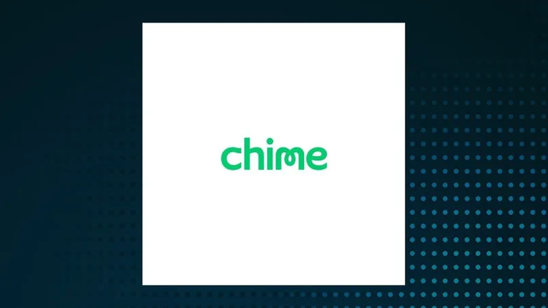 Логотип Chime Financial: зелений шрифт слова "chime" на чистому білому тлі, обрамленому темно-синьою текстурованою рамкою.