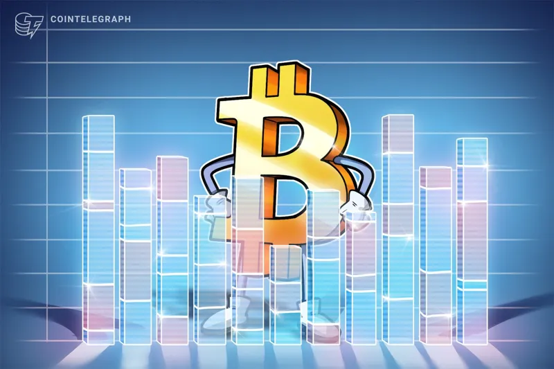 Анімований золотий символ Bitcoin у вигляді персонажа стоїть посеред рядів прозорих 3D-стовпчикових діаграм на синьому фоні з сіткою.