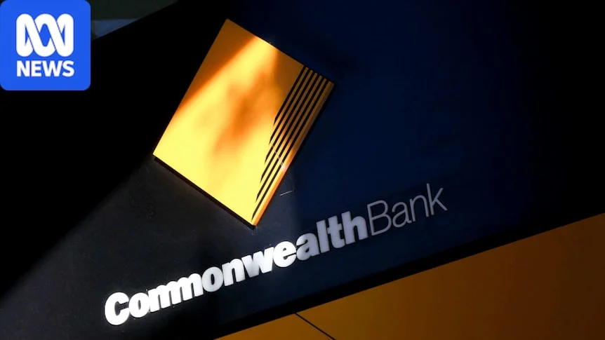 Commonwealth Bank corporate logo and retail branch entrance in Australia