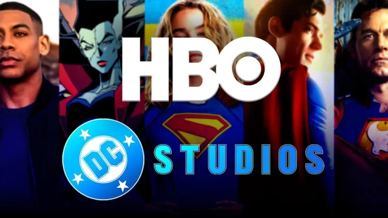 Колаж із відомими героями всесвіту DC та акторами у костюмах на фоні великих логотипів сервісу HBO та студії DC Studios.