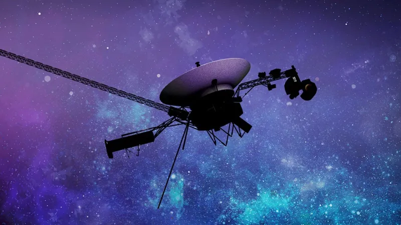 Artist concept of the Voyager spacecraft traveling through interstellar space