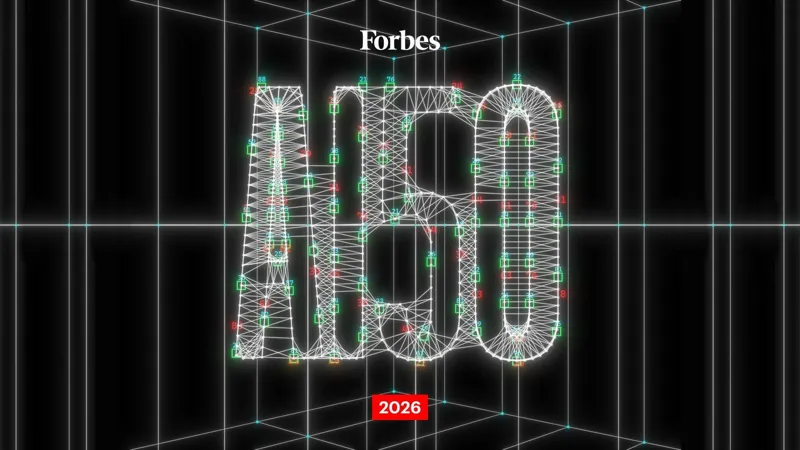 Футуристичний 3D-каркас символів AI над логотипом Forbes та датою 2026 на темному технічному тлі з сіткою.