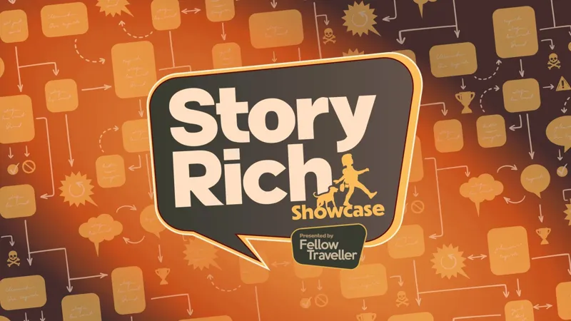 Яскрава графіка «Story Rich Showcase» із зображенням фентезійного героя та логотипом Fellow Traveller на тематичному фоні, що символізує сюжетну розповідь.