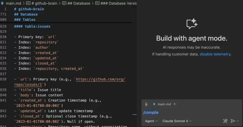 Скріншот коду з визначенням таблиць бази даних GitHub для виправлень та функцією "Build with agent mode" у середовищі розробки.