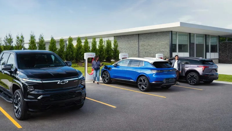 Чорний Chevrolet SUV та два електромобілі Tesla стоять на зарядній станції біля сучасного приміщення.