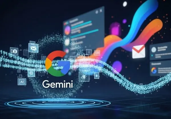 Кольоровий логотип Gemini оточений цифровими потоками даних, іконками додатків та вікнами інтерфейсів на темному фоні.
