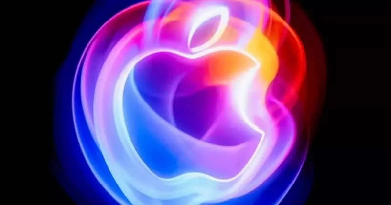 Стилізований логотип Apple, що складається з динамічних синіх, рожевих та червоних світлових ліній на темному фоні.