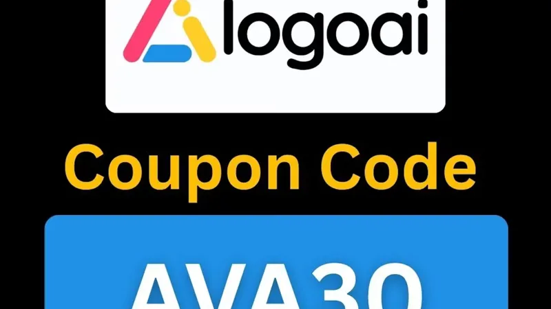 Логотип сервісу LogoAI над написом Coupon Code та рекламним кодом AVA30 у синьому прямокутнику на чорному фоні.
