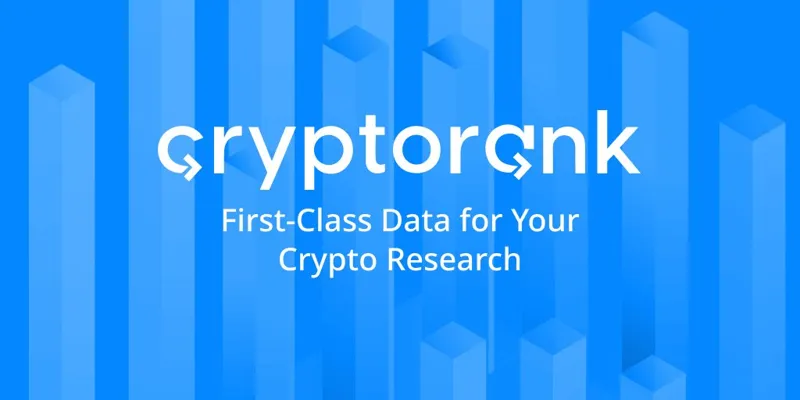 Логотип cryptocrnk із написом First-Class Data for Your Crypto Research на синьому фоні з вертикальними смугами та тривимірними блоками.