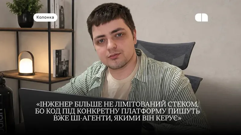 Чоловік у світло-зеленій смугастій сорочці сидить за ноутбуком на фоні домашньої полиці з книгами, лампою та рослиною.