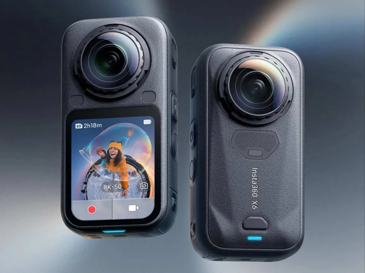 Front and side view of the black Insta360 X6 8K action camera with dual lenses