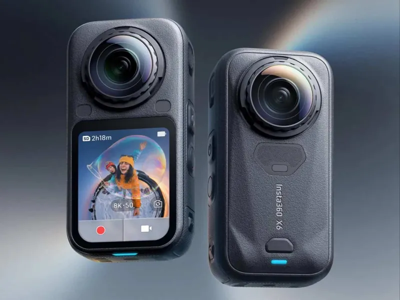 Front and side view of the black Insta360 X6 8K action camera with dual lenses