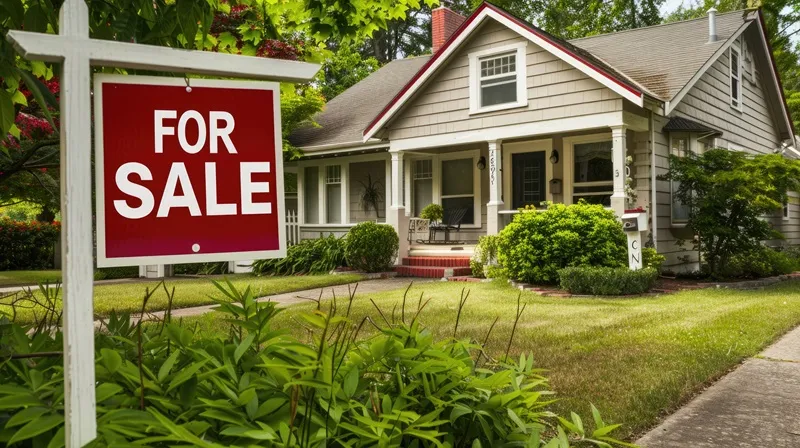 A suburban residential home for sale with a for-sale sign in the front yard