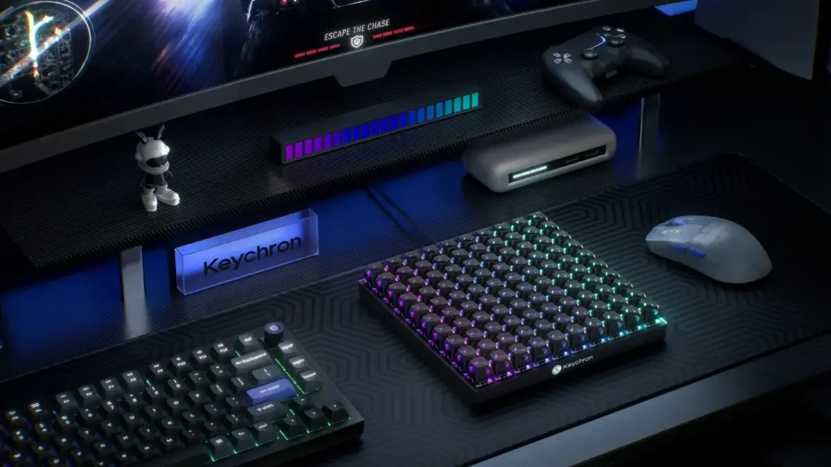 The Keychron C100 8K custom macro pad displaying its 10x10 mechanical key matrix and RGB backlighting.