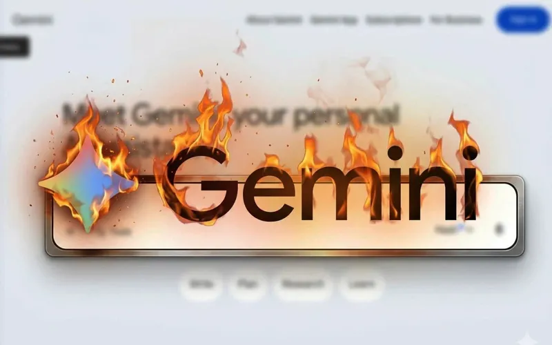 Назва Gemini на екрані смартфона, де літери палають і оточені яскравими полум'ями.