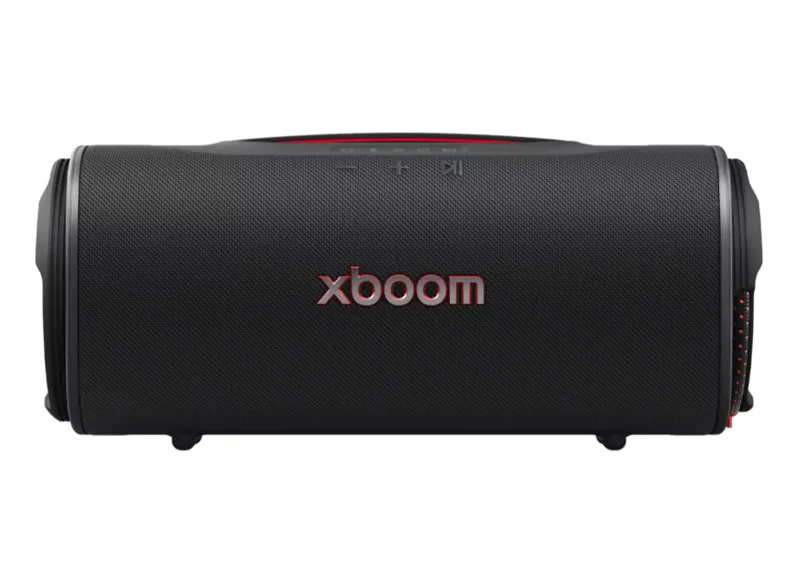 LG xboom Blast portable Bluetooth speaker featuring a rugged duffel-bag style design and dual ring light rings
