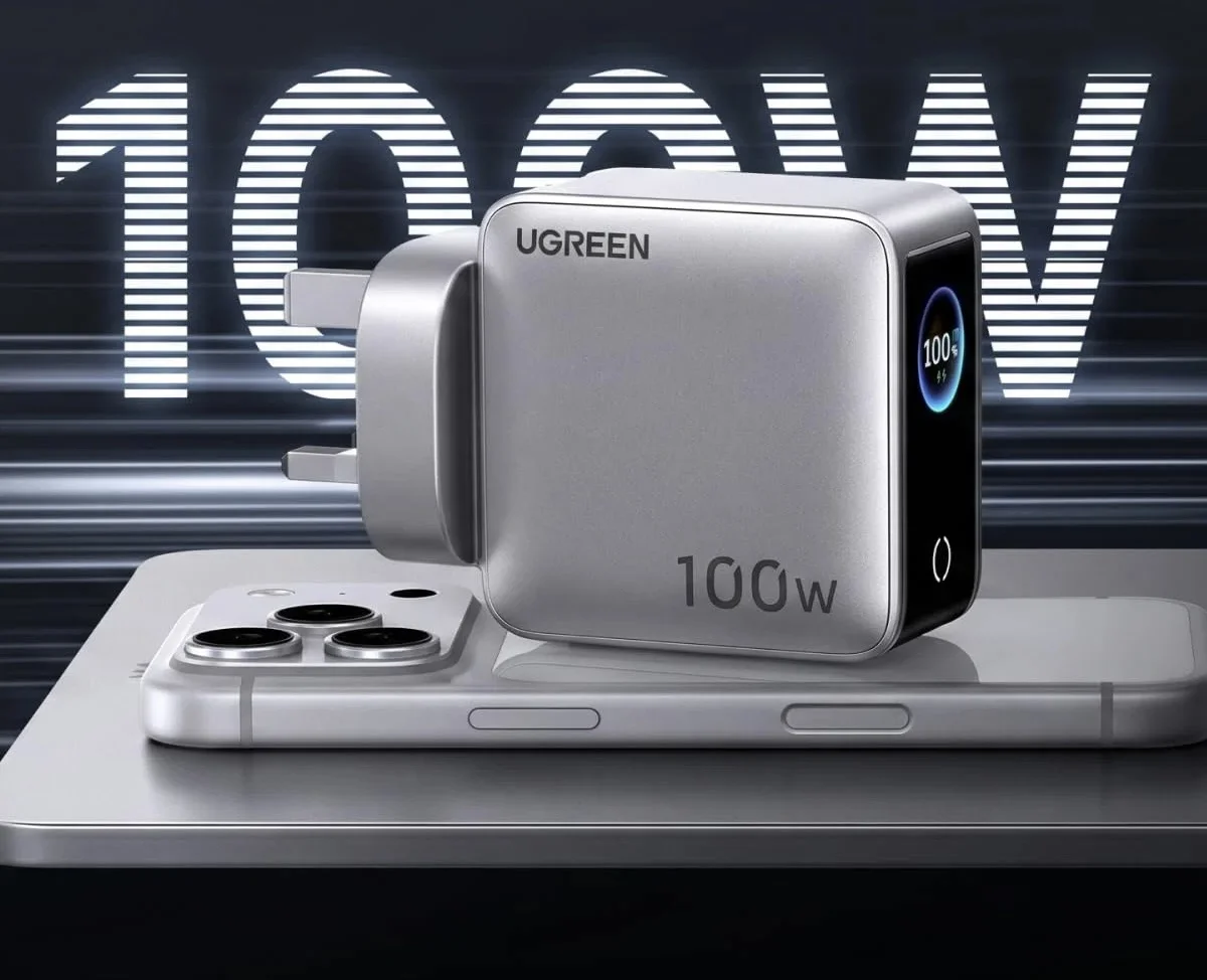 The Ugreen Nexode Pro 100W GaN charger with built-in smart display and four charging ports