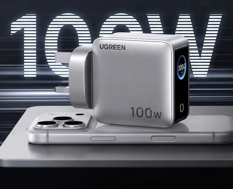 The Ugreen Nexode Pro 100W GaN charger with built-in smart display and four charging ports