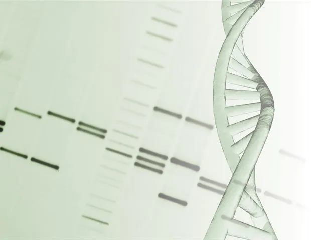 Illustration of a human DNA double helix nanostructure representing molecular biology research